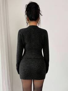 Elenzga 2pcs/Set Dark Grey Waist Cinching Bodycon Sweater Dress For Women, Slimming, Autumn/Winter - Black - View 2