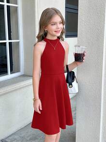 SHEIN Serisse Kids 青少年女孩休闲纯红色中式领无袖腰喇叭裙 - 紅色 - 查看 3