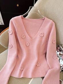 SHEIN Franclia French Handmade 3D Floral Knit Sweater - Pink - View 3
