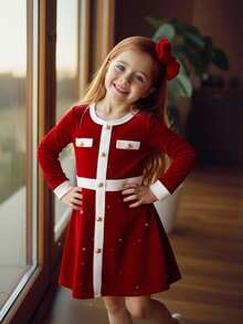 SHEIN Kleine Mädchen Kleid - eine Kombination aus retro, süß, modisch und elegant. Ein glänzendes paillettenverziertes Samtkleid mit kontrastierenden Farbflächen und langen Ärmeln, mit funkelnden herzförmigen Pailletten. Ein lässiges, simples und elegantes Kleid, geeignet für die Hochzeitssaison, damenhaft für Jungen, Herbst- und Winterstil, geeignet für Weihnachten, Partys, den Alltag, Geburtstagskleider, Prinzessinnenoutfits, Schwester-Schwester-Matching-Styles. - Rot - Übersicht 6