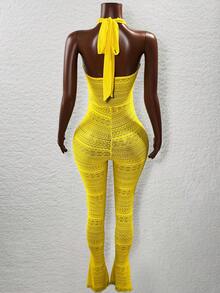 BamGleam Bộ đồ liền thân ren cổ chữ V sâu cho nữ - Màu vàng - Xem 2