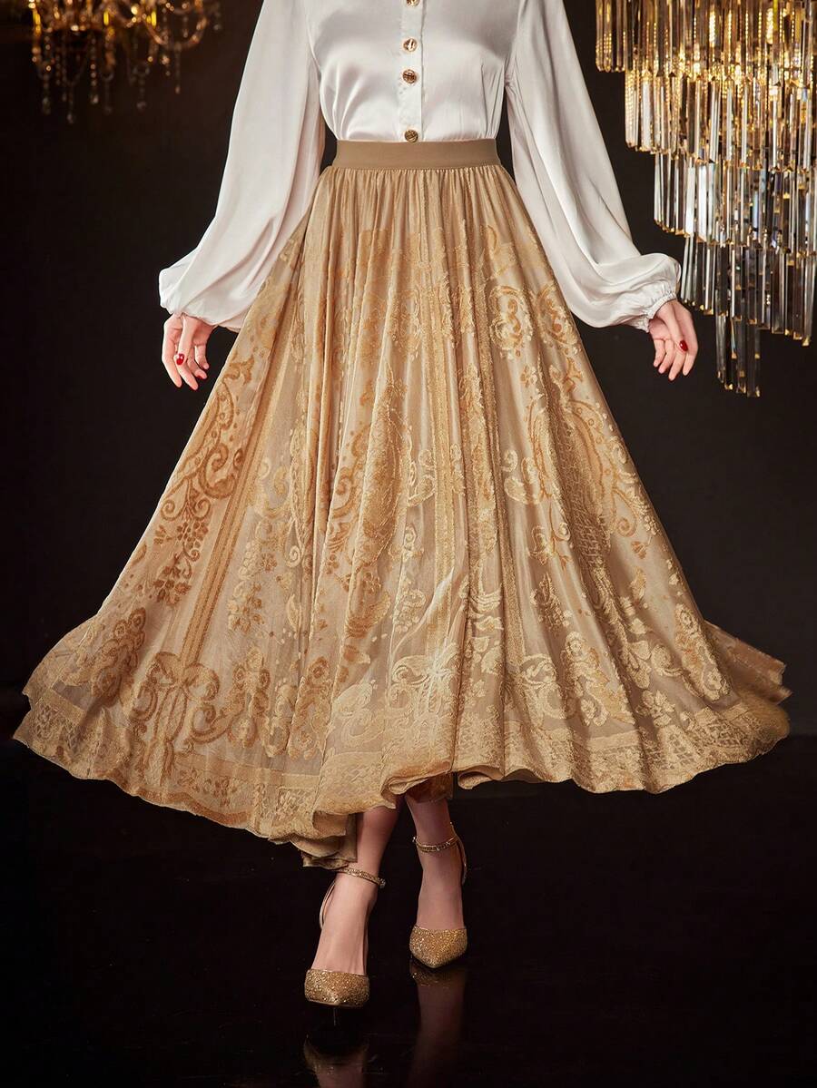 Modelyn 女士拼接蕾丝半身裙 - 卡其色 - 查看 1