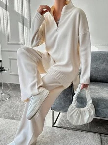 EURMUSE Half Zip Drop Shoulder Sweater & Knit Pants - Apricot - View 4