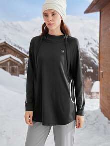 Menodora SHEIN Sport Nature Hike 女款高弹力亲肤户外运动连帽卫衣，秋冬款 - 黑色 - 查看 4