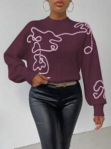 SHEIN LUNE Women's Contrast Color Pattern Turtleneck Long Sleeve Sweater - Dusty Purple - View 3