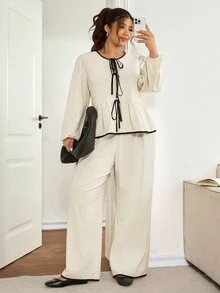 Lounesse Plus Size Women's Black Round Neck Drawstring Contrast Color 2 Pieces Casual Set - Apricot - View 8