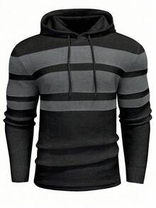Manfinity Homme Men's Striped Long Sleeve Casual Drawstring Hooded Sweater, Autumn/Winter, Grunge Style - Black - View 1