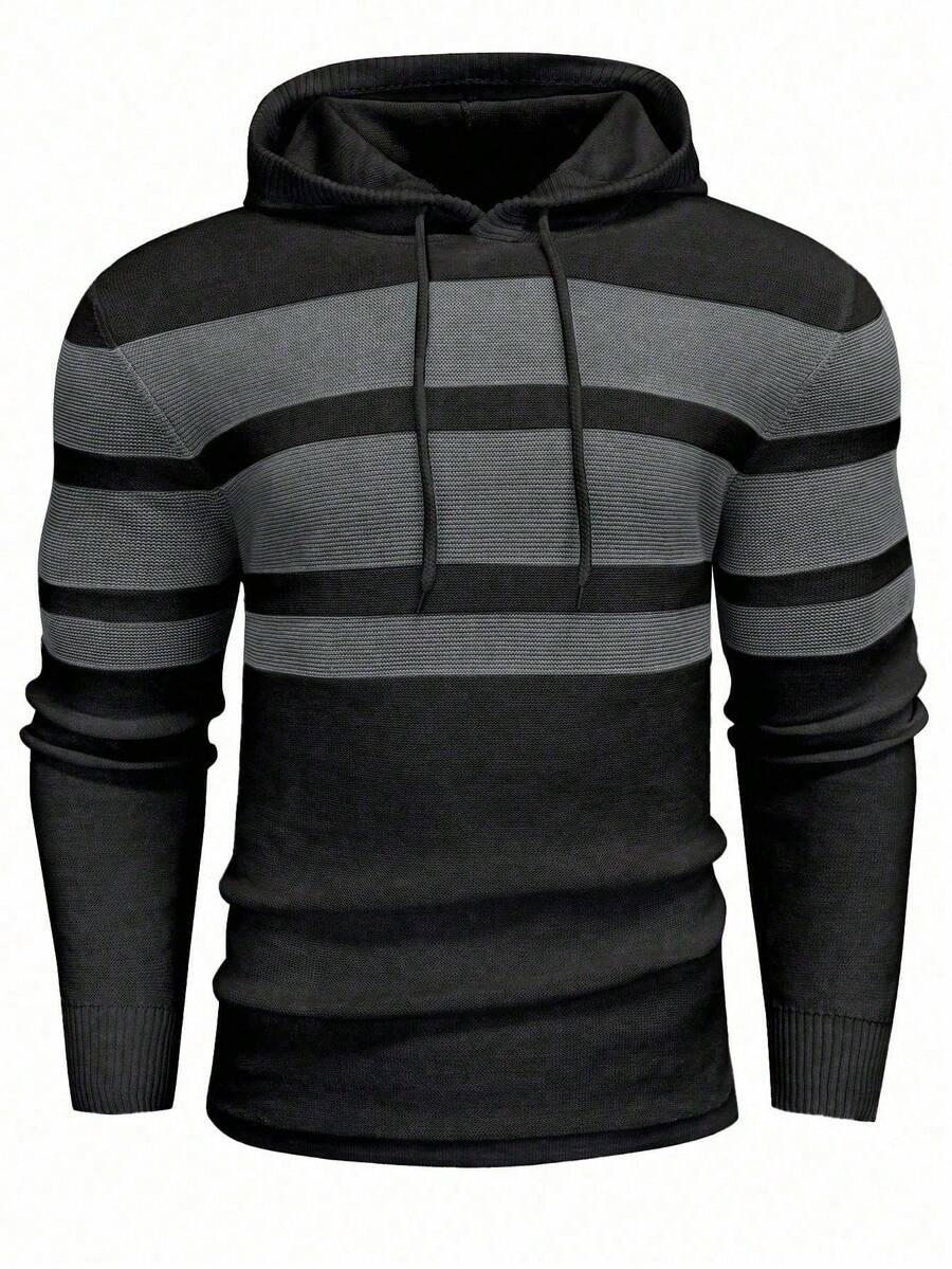 Manfinity Homme Men's Striped Long Sleeve Casual Drawstring Hooded Sweater, Autumn/Winter, Grunge Style - Black - View 1