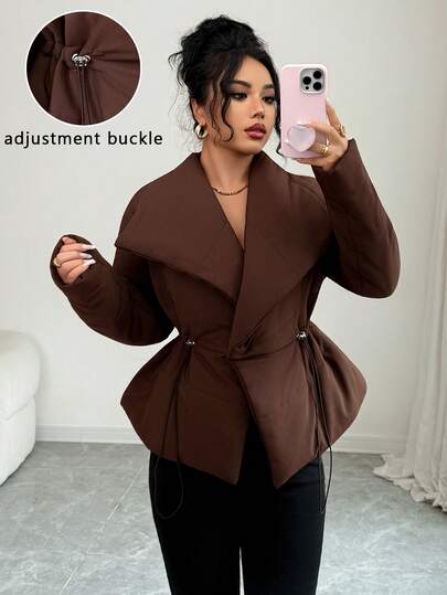 SHEIN Elenzya Chaqueta de mujer con cuello, cierre central delantero de 4 botones, cordón ajustable en la cintura, bajo en línea A con abertura, manga larga, color marrón, estilo retro francés para oficina, viajes, casual de negocios, calle, versátil, otoño/invierno, adecuado para Halloween, Navidad, Acción de Gracias, merienda, vuelta al colegio