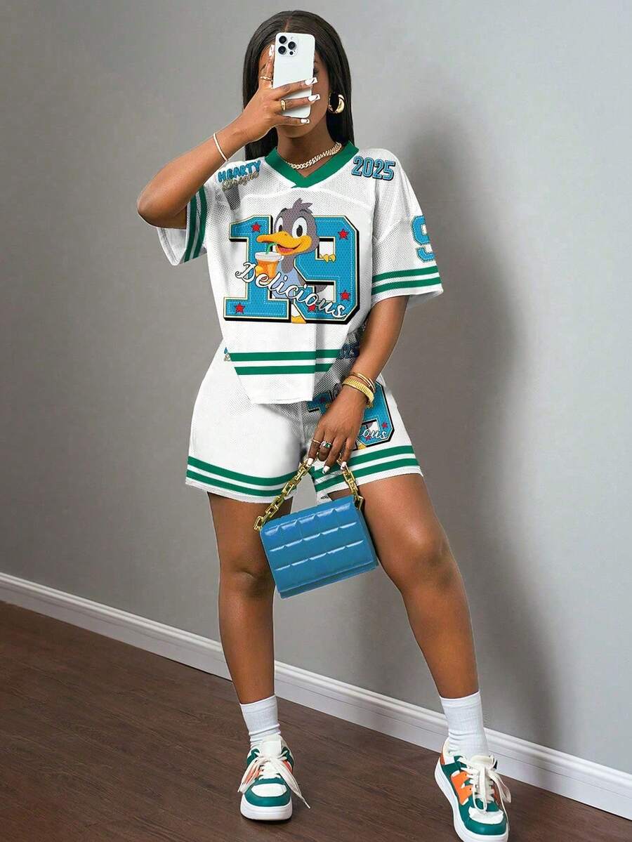 Slaydiva Tuta casual semplice in jersey, 2 pezzi da donna, con stampa con il numero 19 e anatra per la primavera/estate 2025 - Multicolore - Visualizzare 1