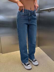 CasuGlow 100% Cotton HIGH RISE ASYMMETRIC BELT STRAIGHT CUT JEAN - Dusty Blue - View 3
