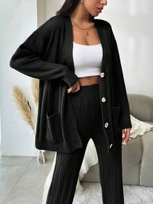 EURMUSE 2pcs Women's Solid Color Button Front Long Sleeve Simple Sweater And Pants Casual Outfit - Black - View 5