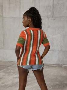 Rovax Women's Striped Short Sleeve Single-Breasted Casual Knit Cardigan - Orange - View 2