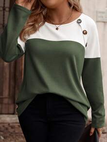 EMERY ROSE Women's Plus Size Round Neck Long Sleeve Colorblock T-Shirt With Decorative Buttons, Small Plaid Textured Fabric, Autumn/Winter - Multicolor - View 1