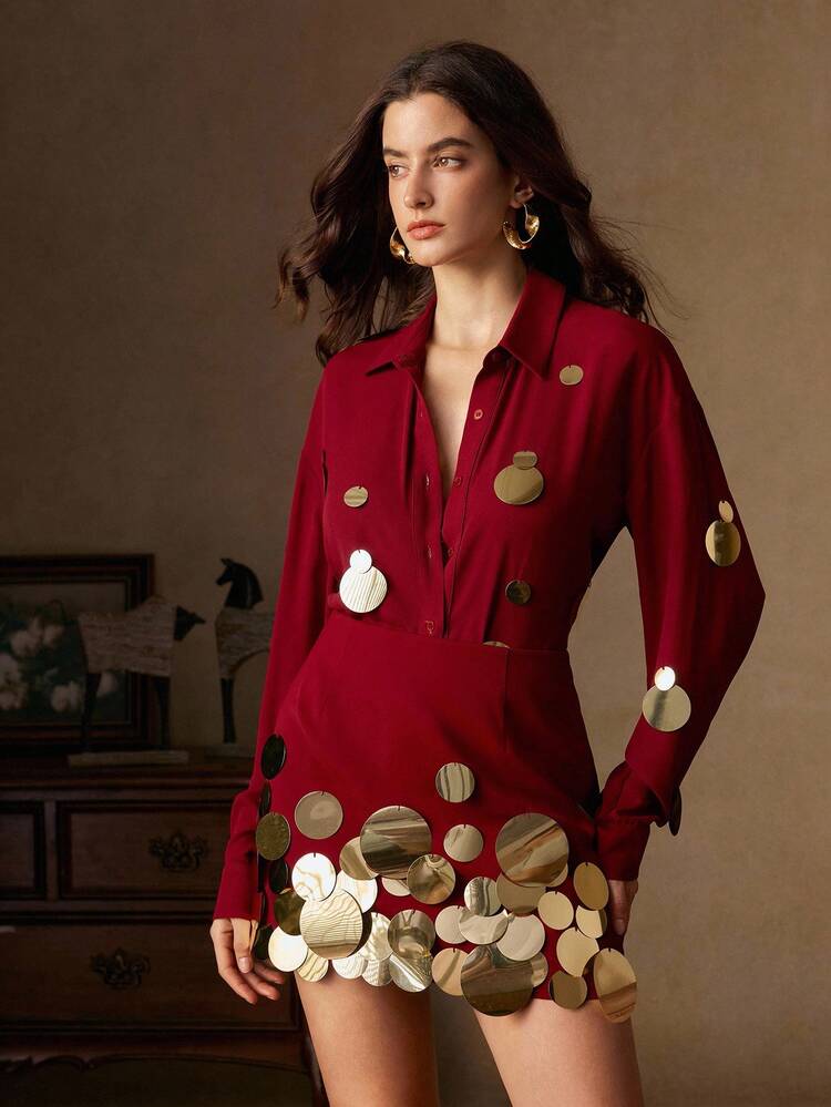Handmade Silver Sequin Embellished Versatile Chiffon Shirt, Spring