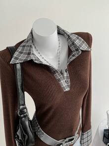 Sweetra Koszulka polo w kratę w stylu retro, 2 w 1, z długim rękawem i kontrastowym kolorem, dla kobiet, jesień - Wielokolorowe - Zobacz 2