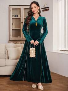Al Najma Emerald Green Waist Tie Flared Long Sleeve Velvet Elegant Dress, Suitable For Formal Occasions, Autumn/Winter