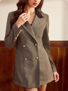 Vintamour Áo khoác Blazer nữ cổ điển thanh lịch, áo khoác Blazer cài nút kim loại màu tương phản vừa vặn, áo khoác Blazer Jacquard tay dài màu cà phê cho mùa thu/đông - Cà phê nâu - Xem 6
