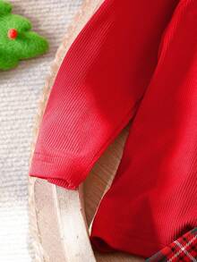 2pcs/Set Baby Girls' Ruffle Long Sleeve Top Bow Red Plaid Skirt Set, Autumn Cute Modest Fashionable Casual School Style Matching Family Outfit - Red - View 4