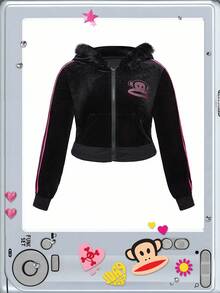 Paul Frank X ROMWE Plus Size Rhinestone Graphic Vintage Velvet Hooded Jacket & Flared Pants 2 Pieces Set, Autumn/Winter - Black - View 5
