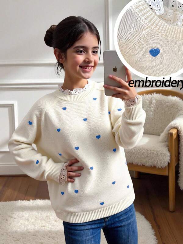 SHEIN Tween 女童休闲家居服套头衫，优雅刺绣蕾丝花边心形图案宽松插肩袖针织毛衣，柔软舒适厚实的秋冬女装