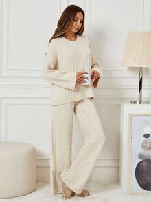 EURMUSE Women's Cable Knit Drop Shoulder Sweater And Pants Two Piece Set - Beige - View 4