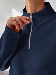 EURMUSE Jersey Informal Para Damas De Medio Cierre Con Un Solo Color, Conjunto De 2 Piezas - Azul Marino - Ver 5