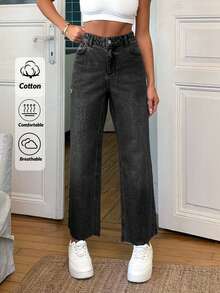 EURMUSE 100% Cotton Mid Waist Frayed Hem Wide Leg Jean - Dark Grey - View 1