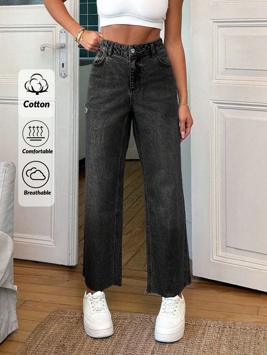 EURMUSE 100% Cotton Mid Waist Frayed Hem Wide Leg Jean - Dark Grey - View 1