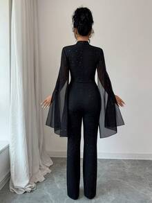 SHEIN Elenzya Women's Glittery Cape Sleeve Fashionable Black Jumpsuit - Black - View 2