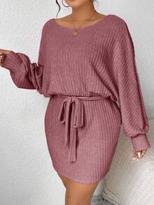 SHEIN Frenchy Plus Size Solid Color Crew Neck Ribbed Elegant Long Sleeve Dress - Burgundy - View 4