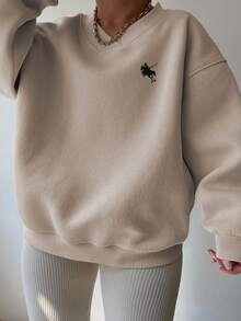 INAWLY 大码简约刺绣V领长袖运动衫