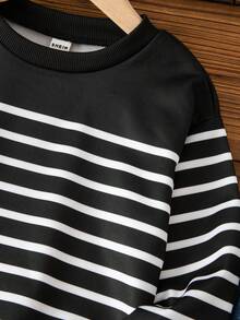 Young Boy Casual Striped Print Loose Fit Drop Shoulder Pullover Sweatshirt, Suitable For Spring And Autumn