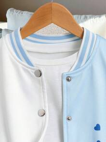 Sparklyn Tween Girls' Casual Fashion Bowknot Cartoon Print Contrast Color Baseball Jacket, Spring/Autumn