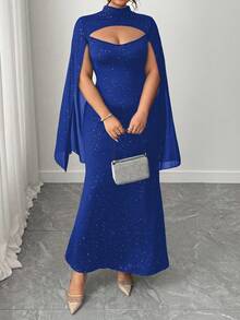 Elenzga Plus Size Sequin Shiny Elegant Fashion Dress - Royal Blue - View 3