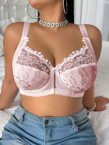 SHEIN 1pc Plus Size Lace Patchwork Wireless Bra - Pink - View 3
