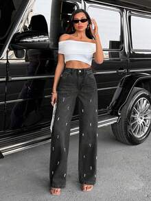 EURMUSE Women Petite High Waist Pearl Detail Casual Straight Denim Jeans - Dark Grey - View 3