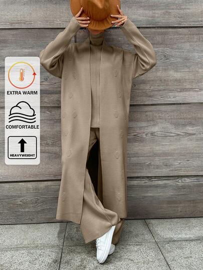 EURMUSE Women Solid Color Long Cardigan, Sweater Vest And Pants 3-Piece Set, Casual For Autumn And Winter