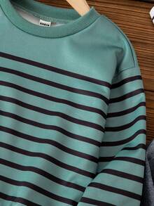 Young Boy Casual Striped Round Neck Drop Shoulder Sweatshirt, Autumn - Mint Green - View 6