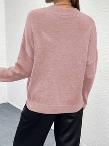 SHEIN LUNE Sweater Pullover Lengan Panjang Kasual Kerah Bulat Warna Polos - Berwarna merah muda - View 2
