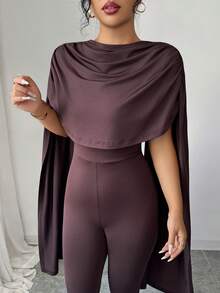 Rafferiza Women's Dark Brown Elegent Party Jumpsuit,Summer Shawl Collar Cape-Style High-Waisted Chic Two-Way Poncho Design Flowing Drape Retro Clothing - Coffee Brown - View 6