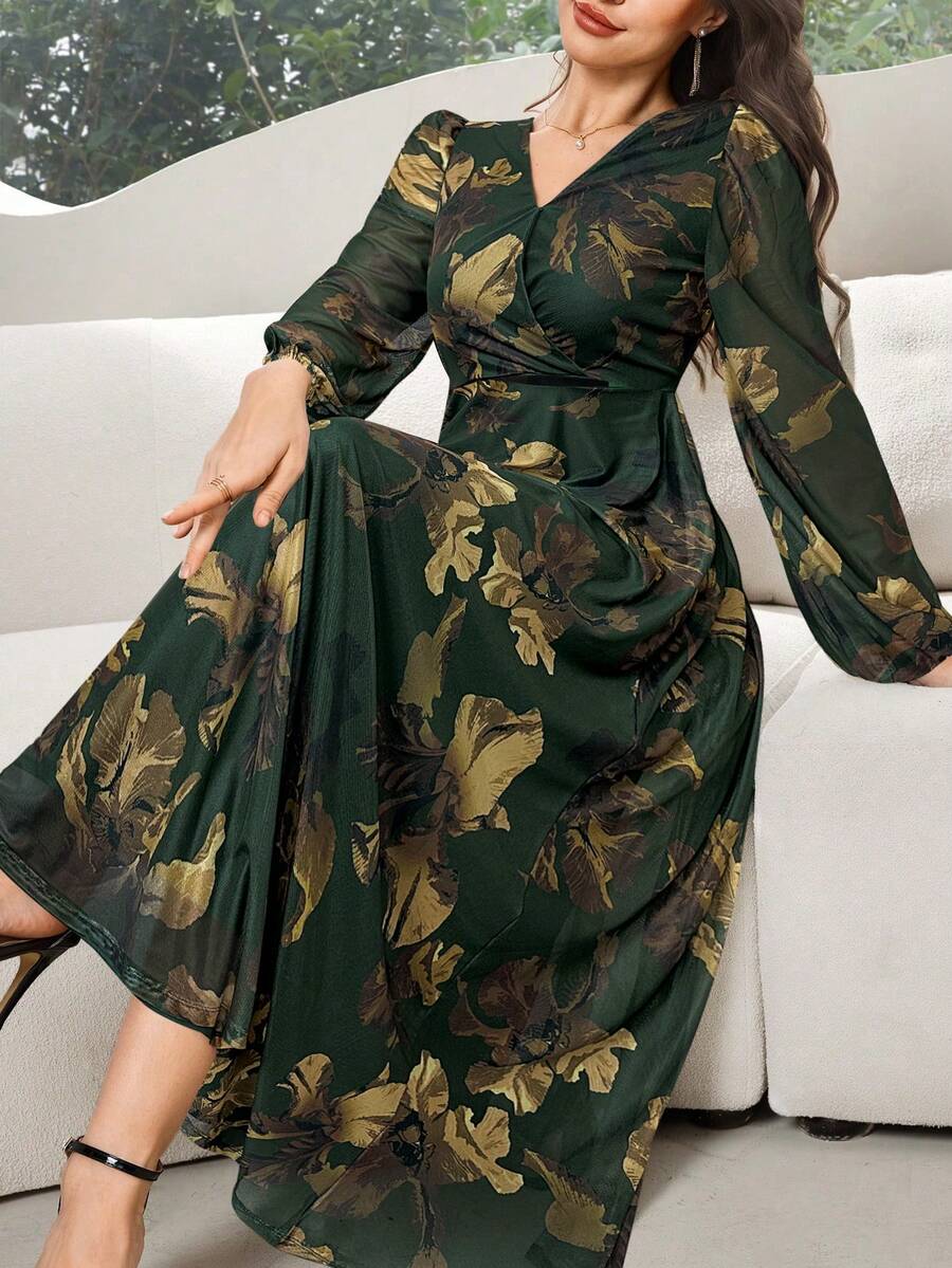 Modelyn Women's Colorblock Printed Elegant V-Neck Long Sleeve Dress