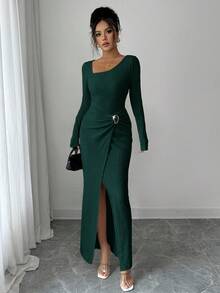 Elenzga Vestido largo de unicolor de moda para mujer, con cuello asimétrico, textura de punto ajustada, diseño retorcido y con abertura, atuendos elegantes para mujer, ropa de mujer para otoño e invierno, ropa modesta para mujer - Verde Oscuro - Ver 6