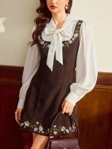 Vintamour Sukienka damska w stylu vintage, klasyczna, elegancka, dopasowana, rozkloszowana, haftowana, 2 w 1, sukienka z długim rękawem, patchworkowa sukienka w kolorze morelowo-kawowym, jesień/zima - Kawowy brązowy - Zobacz 4