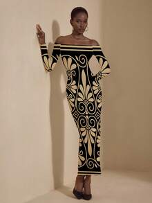 JIAN  LASALA Jian Lasala Floral Print Casual Elegant Dignified Minimalist Sexy Women's High Stretch Fitted Long Sleeve Off Shoulder Midi Dress, Suitable For Daily, Work, Outing, Travel, Date, Party, Christmas, Halloween In Autumn/Winter Bodycon Maxi Dress Women Graphic Dress Off-Shoulder Maxi Dress - Multicolor - View 4