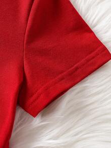 SHEIN 圣诞节圣诞快乐服装女孩休闲时尚创意卡通可爱驯鹿蝴蝶结卡通图案印花基本款短袖T恤 - 黑色 - 查看 4