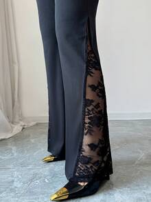 Elenzga Damski jednorzędowy, koronkowy, patchworkowy żakiet i spodnie, elegancki, swobodny, dojazd do pracy, modny, francuski, uliczny, vintage, biznesowy, świąteczny komplet, 2 sztuki, jesień/zima