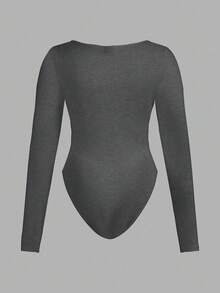 SHEIN Essnce 大码女式时尚休闲通勤商务休闲年轻商务职业内衣两件套，黑色、酒红色、锚红色多件套紧身包臀方领长袖连体衣 - 深灰色 - 查看 4