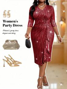 SHEIN Lady Đầm xòe đính đá cổ chữ V thanh lịch, sang trọng, thanh lịch, cổ điển, dành cho nữ, mùa xuân và mùa hè, dự tiệc cưới, tiệc Valentine, tiệc năm mới, size lớn, hàng mới về. - Màu Đỏ Sâu - Xem 6
