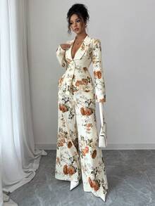 Elenzga 2 件套女式花卉印花西装领长袖开襟夹克和阔腿裤，松紧腰，时尚，百搭，优雅，春秋 - 棕色 - 查看 5